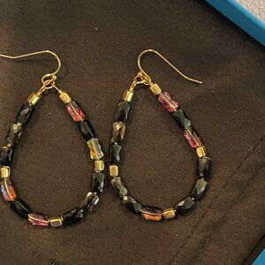 10K Over 925 Black Spinel & Amethyst Beaded Oblong Hoop Earrings - Brand New